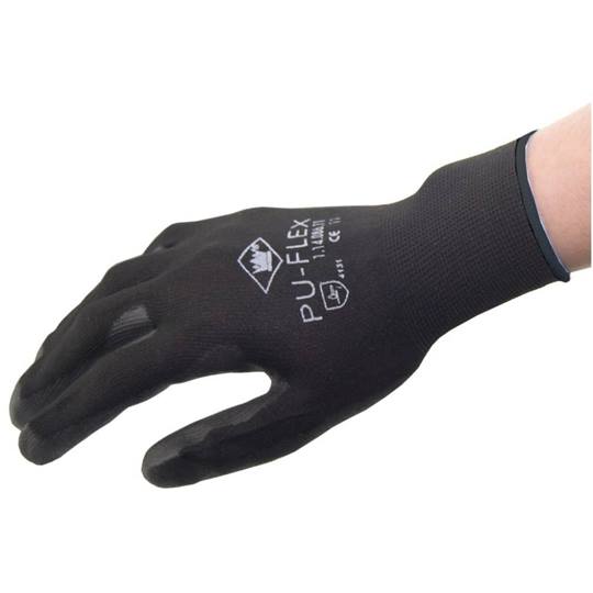 Handschoen PU-Flex Nylon zwart  Cat.2 L  (verpakt per 12 paar)*
* Kleur kan varieren per levering; Zwart / Wit